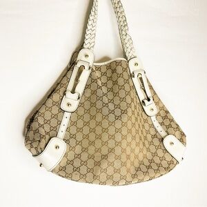 Gucci Pelham Horsebit (Vintage) GG Canvas Shoulder Bag with White Leather Trim